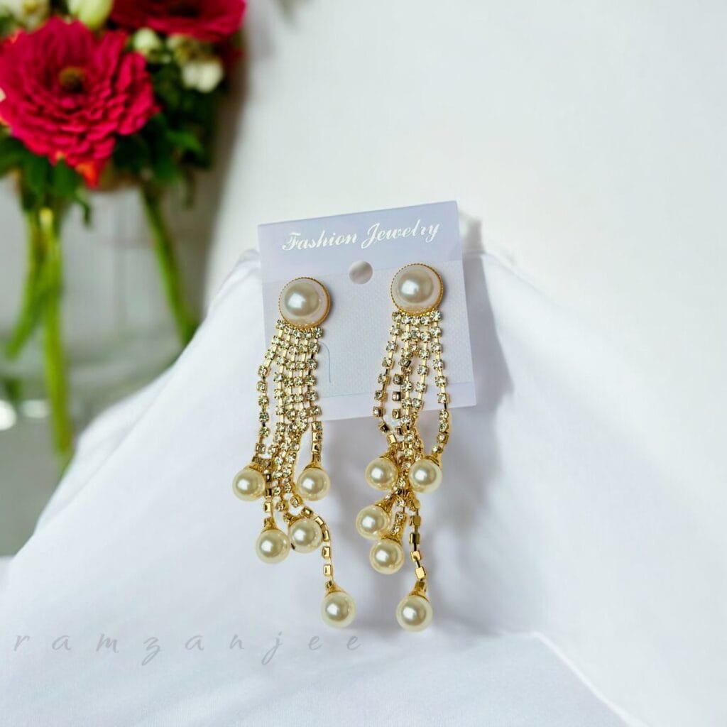 "Elegant earrings with intricate designs, perfect for formal events and evening wear. Available in statement chandelier and drop styles."