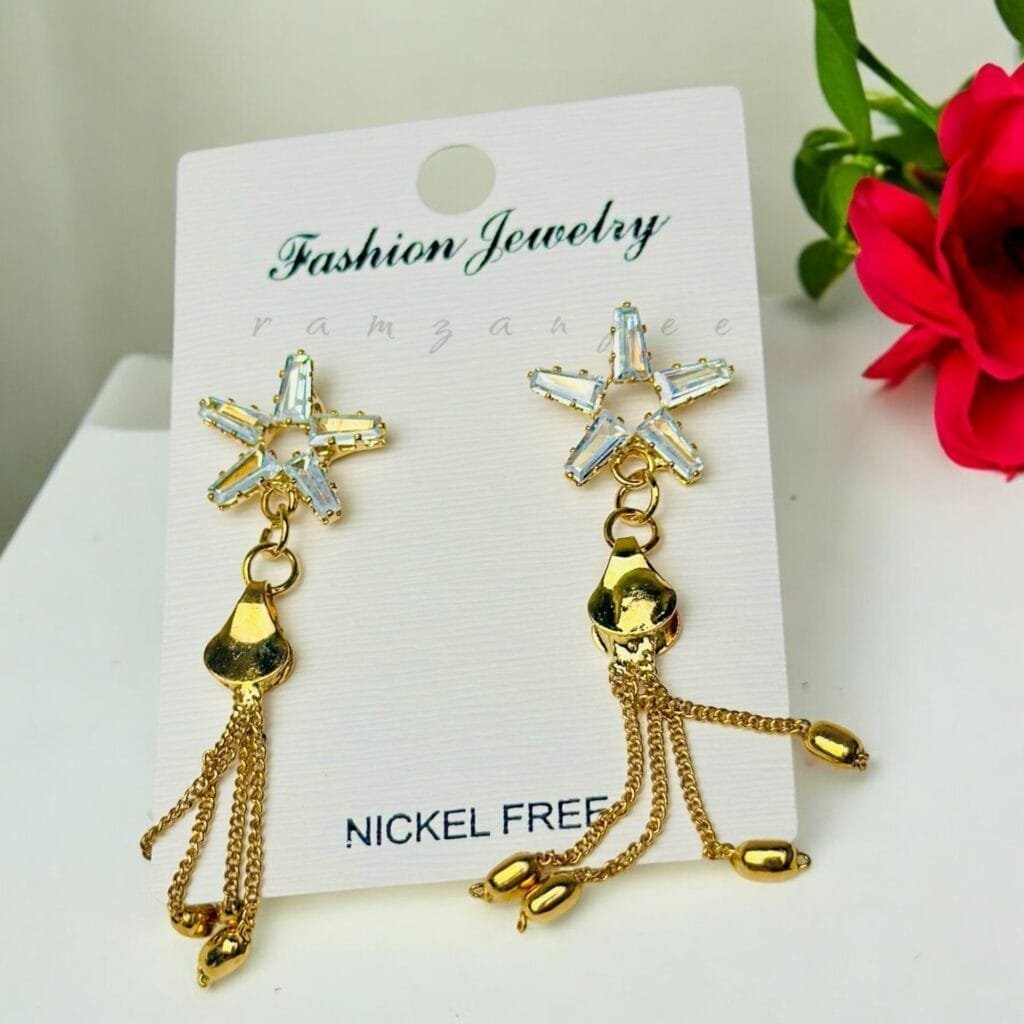 "Elegant earrings with intricate designs, perfect for formal events and evening wear. Available in statement chandelier and drop styles."