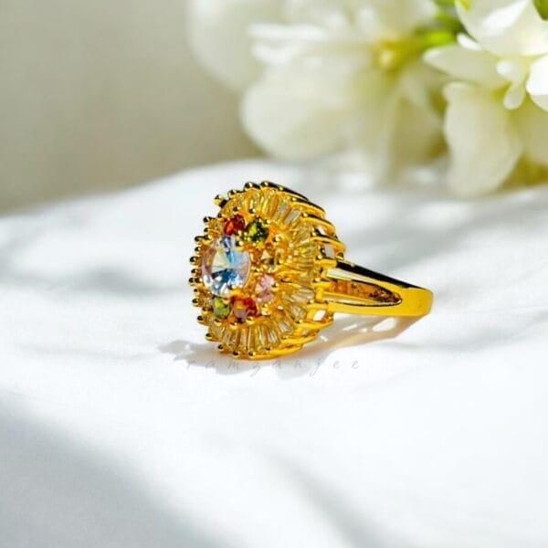 "Elegant diamond engagement ring in a gold band, perfect for weddings."