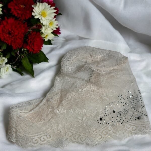 "Stretchable hijab cap in neutral beige, perfect for all-day wear."