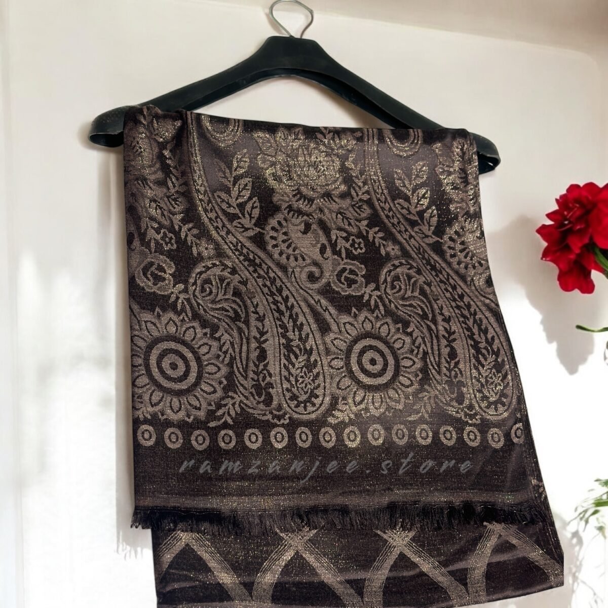 "Shimmer silk hijab with a soft, luxurious texture and subtle shine."