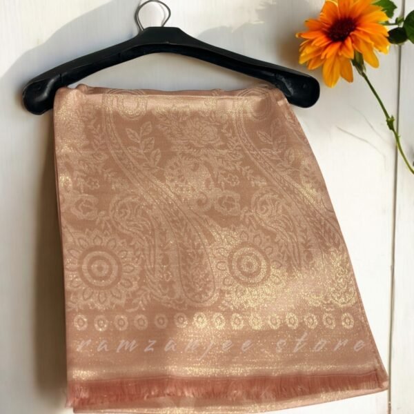 "Shimmer silk hijab with a soft, luxurious texture and subtle shine."