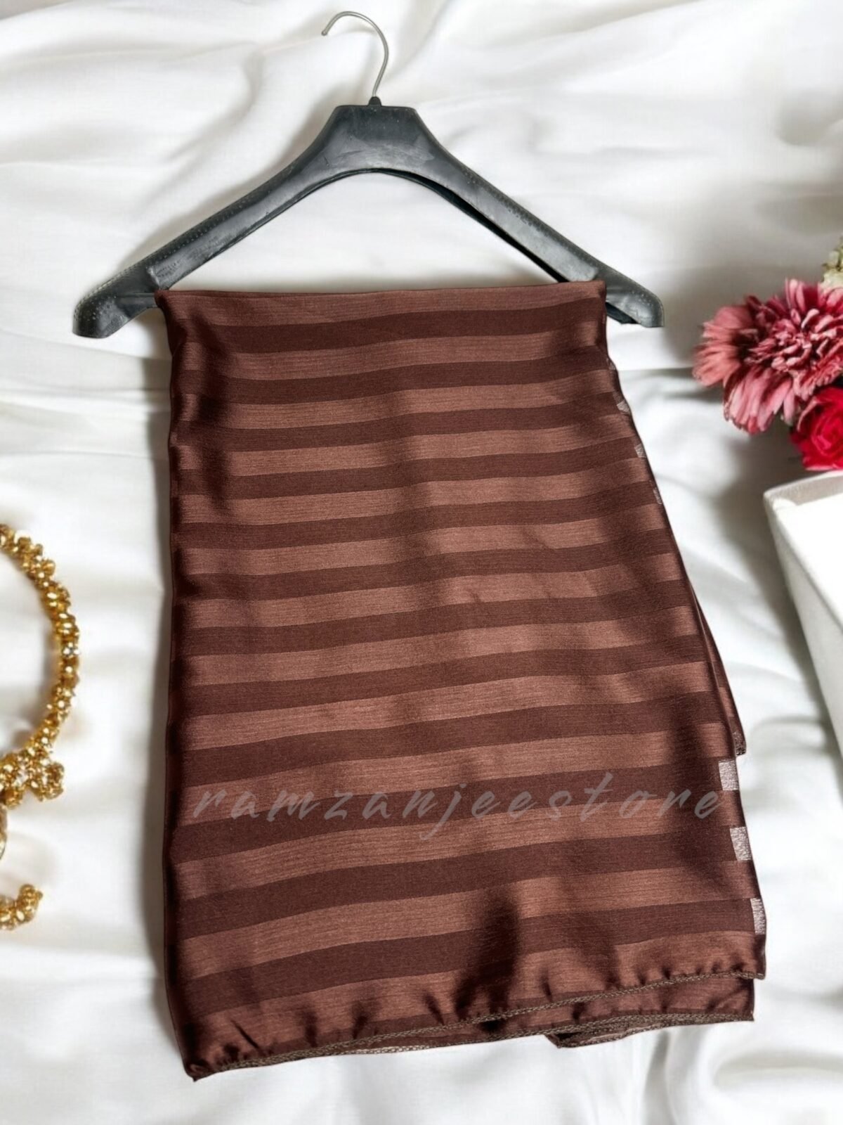 "Elegant Silk Check Line Hijab in a classic black-and-white pattern"