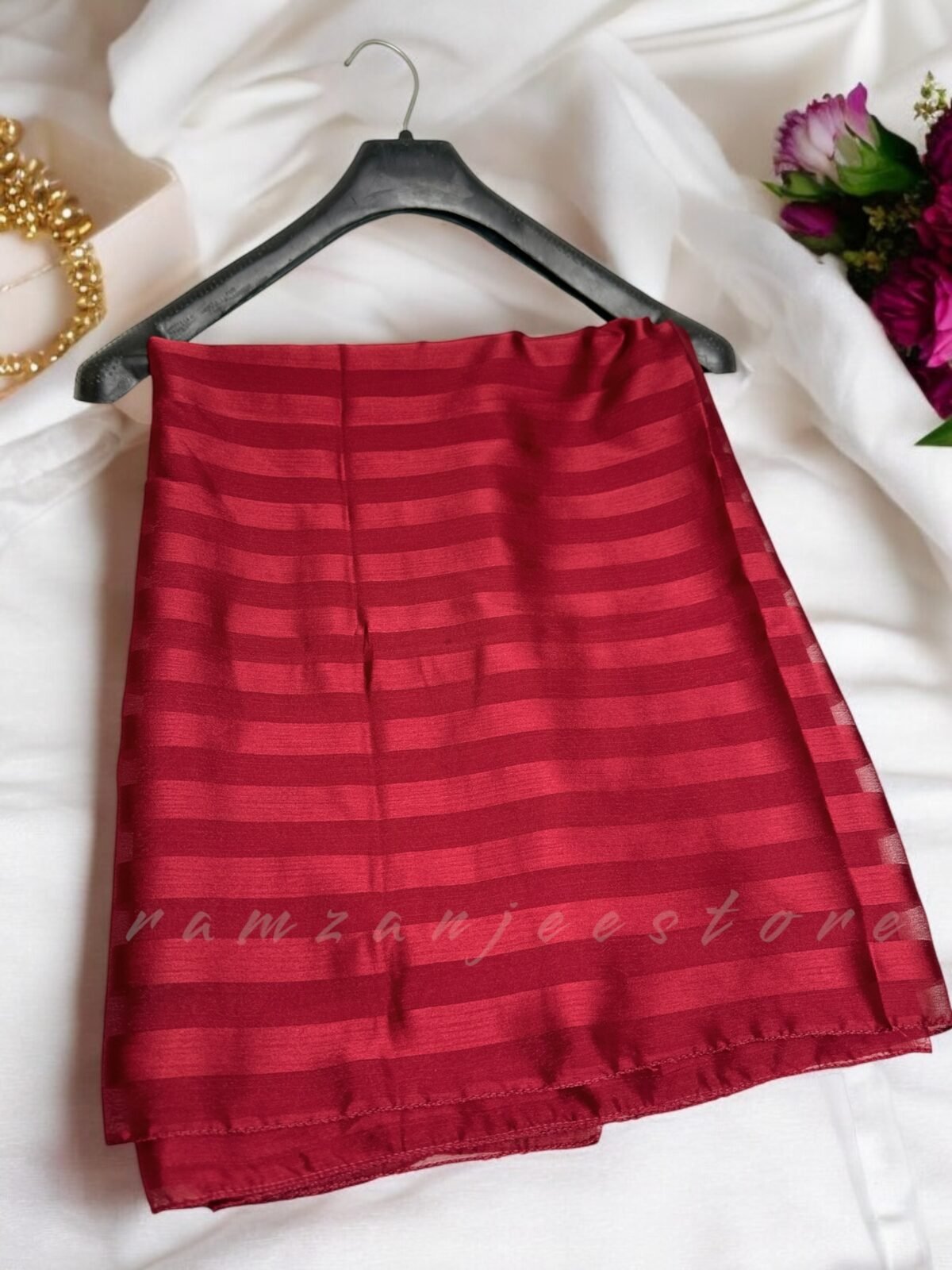 "Elegant Silk Check Line Hijab in a classic black-and-white pattern"