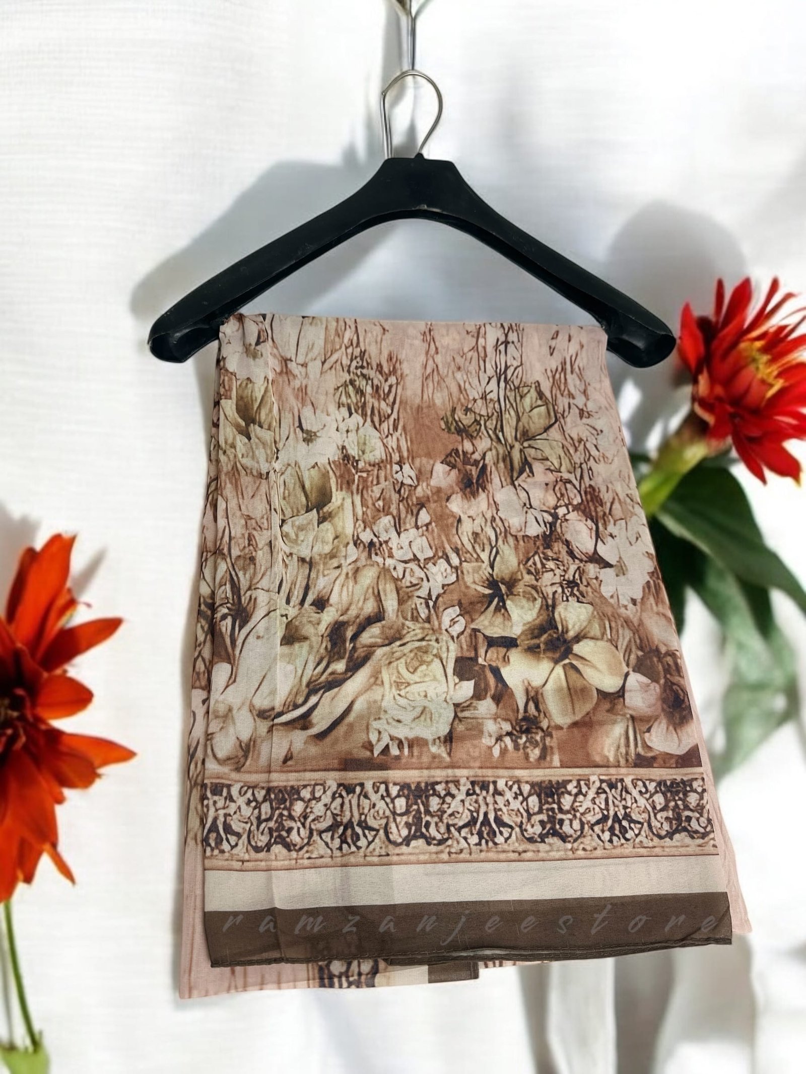 "Georgette printed hijab with vibrant patterns, lightweight and elegant."