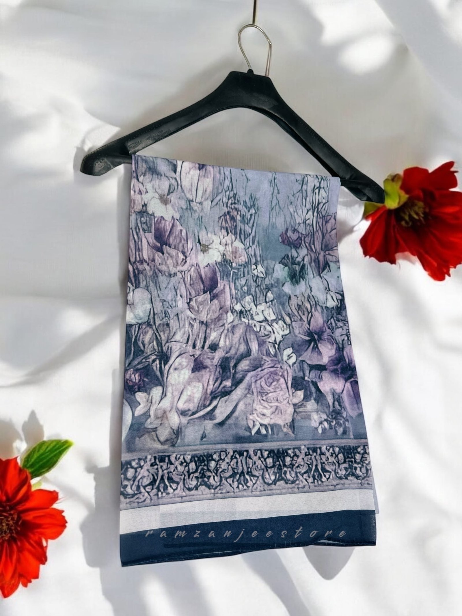 "Georgette printed hijab with vibrant patterns, lightweight and elegant."