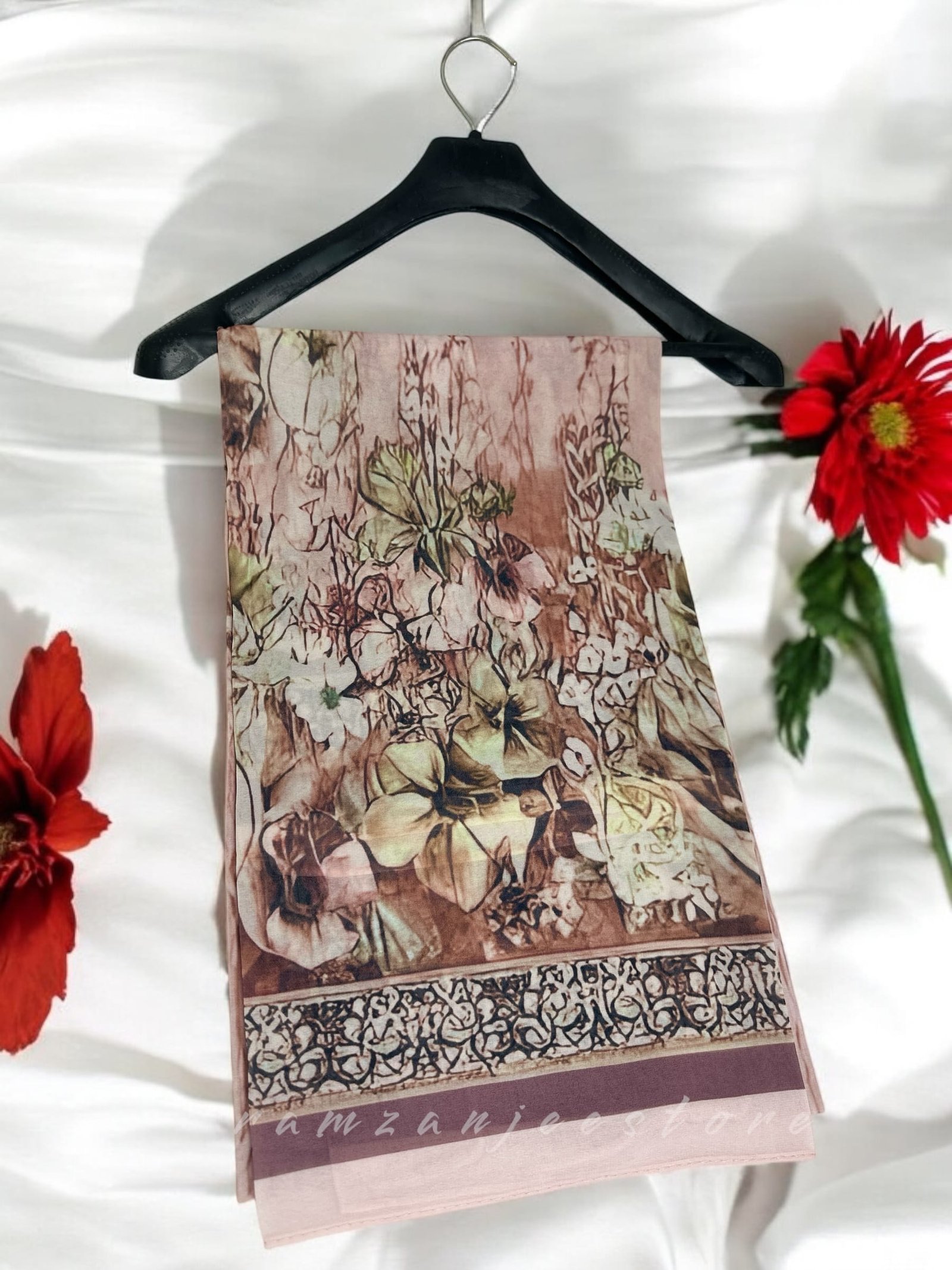 "Georgette printed hijab with vibrant patterns, lightweight and elegant."