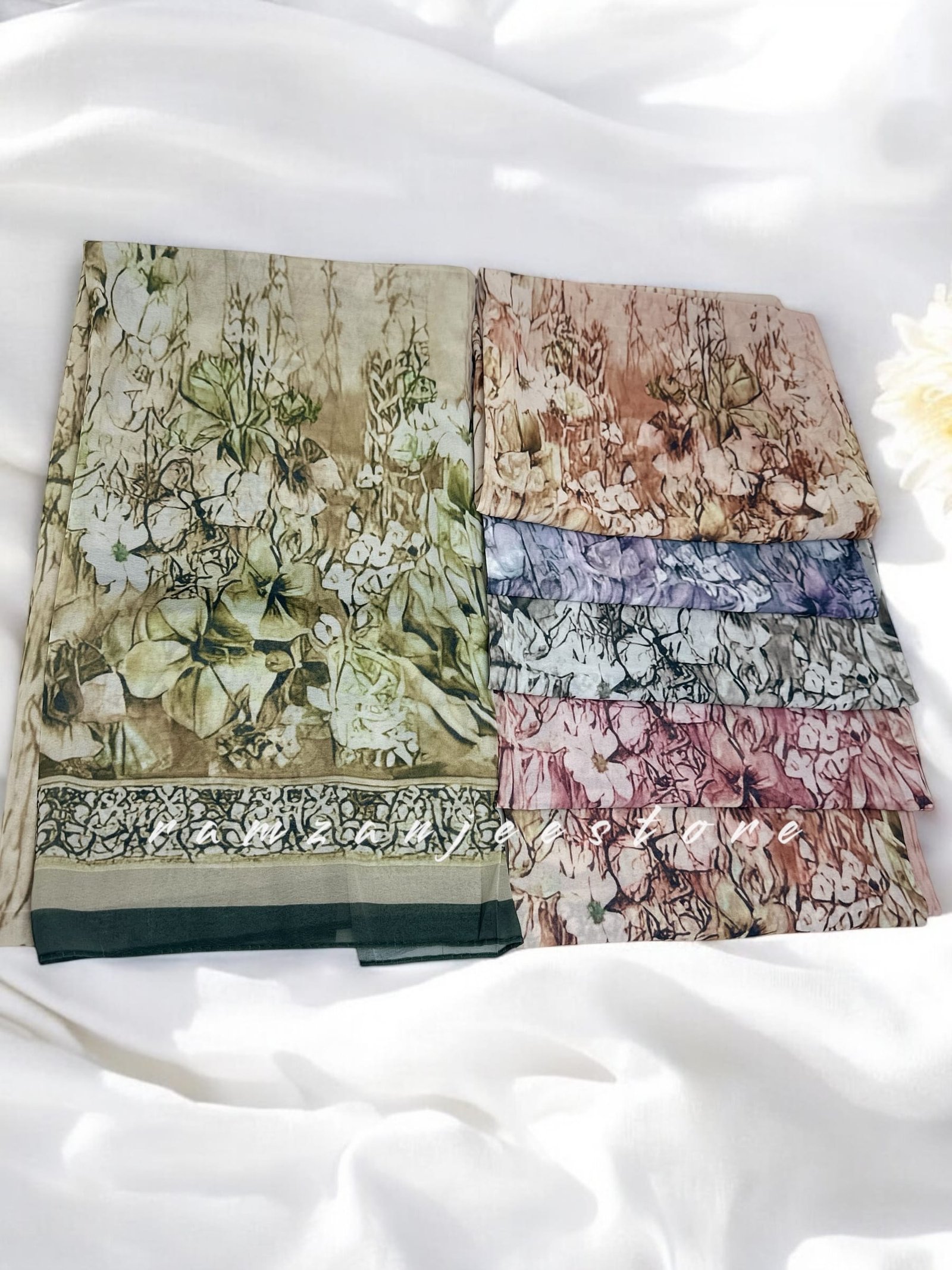 "Georgette printed hijab with vibrant patterns, lightweight and elegant."